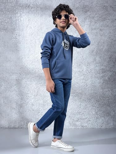 Crimsoune Club Boy's Blue Embellished Hooded Neck Sweatshirt (13-14Y)