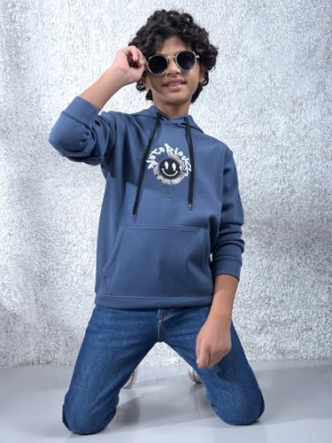 Crimsoune Club Boy's Blue Embellished Hooded Neck Sweatshirt (13-14Y)