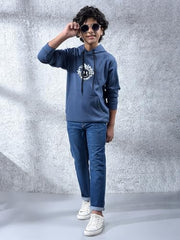 Crimsoune Club Boy's Blue Embellished Hooded Neck Sweatshirt (13-14Y)