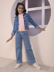 Crimsoune Club Girl's Blue 100% Cotton Cropped Denim Jacket (5-6Y)
