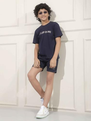 Crimsoune Club Boy's Navy Blue Typographic Print Shorts (13-14Y)