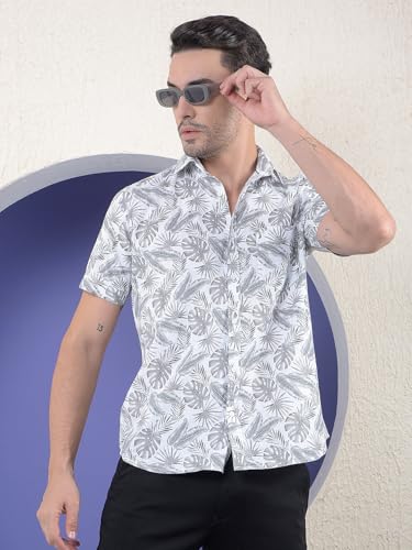 Crimsoune Club men's green printed 100% cotton casual shirt with long sleeves and button-up front, suitable for everyday wear.
