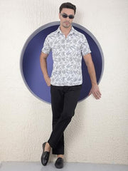 Crimsoune Club men's green printed 100% cotton casual long-sleeve shirt with collar, displayed on a hanger.