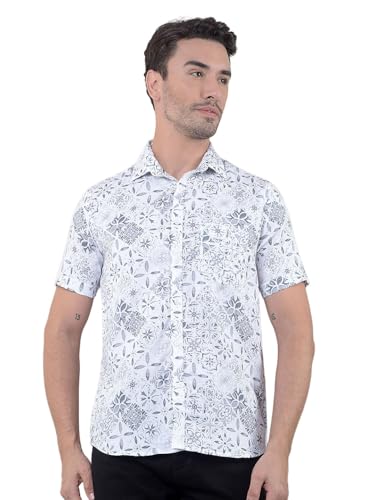 Crimsoune Club men's grey floral print 100% cotton casual shirt with long sleeves, displayed on a hanger.