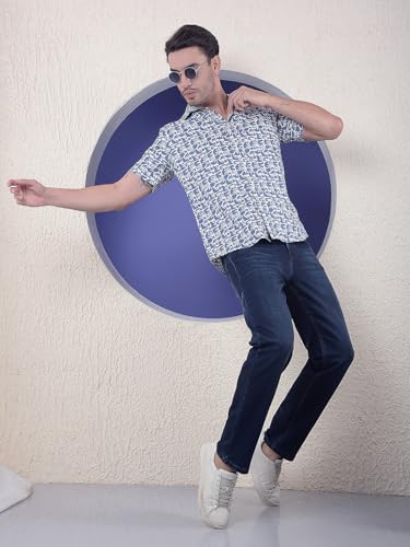 Men's blue floral print linen casual shirt by Crimsoune Club, long-sleeve with a button-up front and collar.