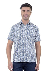 Crimsoune Club men's blue floral print linen casual shirt with long sleeves, stylish and lightweight for a relaxed look.