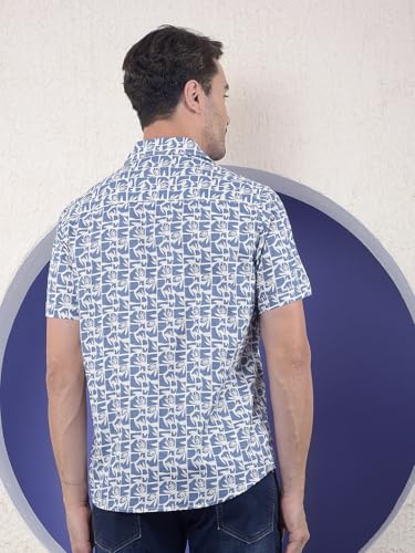 Crimsoune Club men's blue floral print linen casual shirt with long sleeves, displayed on a hanger.