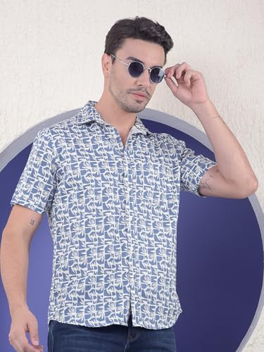 Crimsoune Club men's blue floral print linen casual shirt with long sleeves, displayed on a hanger.