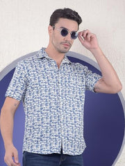 Crimsoune Club men's blue floral print linen casual shirt with long sleeves, displayed on a hanger.