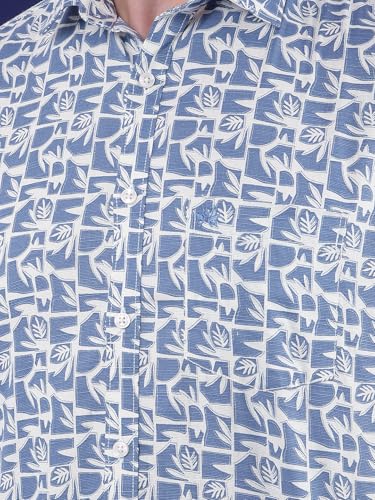Crimsoune Club men's blue floral print linen casual shirt with long sleeves, stylish and breathable fabric for everyday wear.