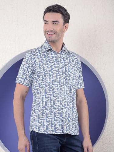 Men's blue floral print linen casual shirt by Crimsoune Club, short-sleeve design with button-up front and relaxed fit.