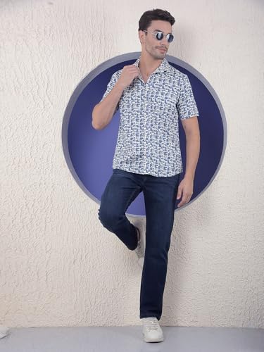 Crimsoune Club men's blue floral print linen casual shirt with long sleeves, men's upper casual wear, stylish and lightweight.