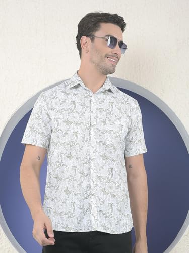 Crimsoune Club men's grey floral print casual shirt with long sleeves, displayed on a hanger.