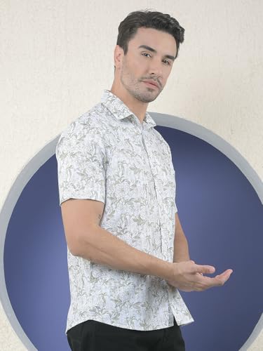 Men's grey floral print casual shirt by Crimsoune Club, long-sleeve, stylish upper wear with a floral pattern.