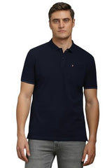Navy solid Louis Philippe men's polo neck T-shirt displayed flat, highlighting the classic collar and short sleeves.