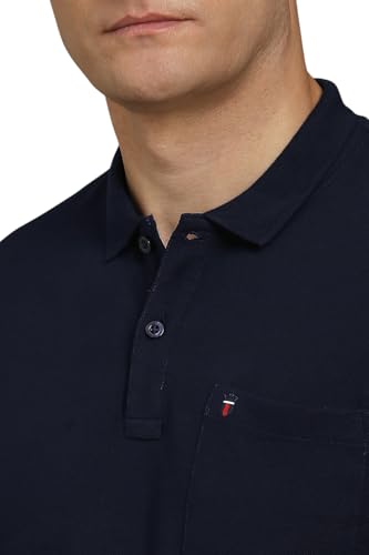 Louis Philippe men's navy solid polo neck T-shirt, long-sleeve casual upper wear, classic fit, lightweight cotton fabric.