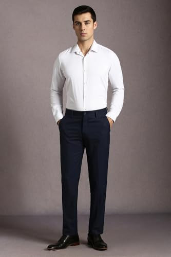 Louis Philippe Men Navy Solid Flat Front Formal Trousers