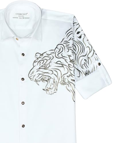 White boys' full sleeve shirt by Charchit, regular fit, plain design, suitable for casual or formal wear.