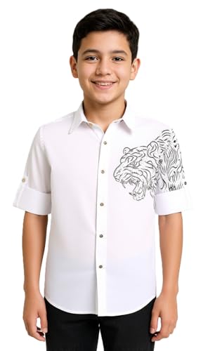 White boys' full sleeve shirt by Charchit with a regular fit, plain design, and classic collar, suitable for casual or formal wear.