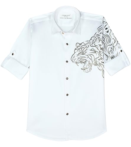 White boys' regular fit full sleeve shirt by Charchit, plain design, suitable for formal or casual wear.