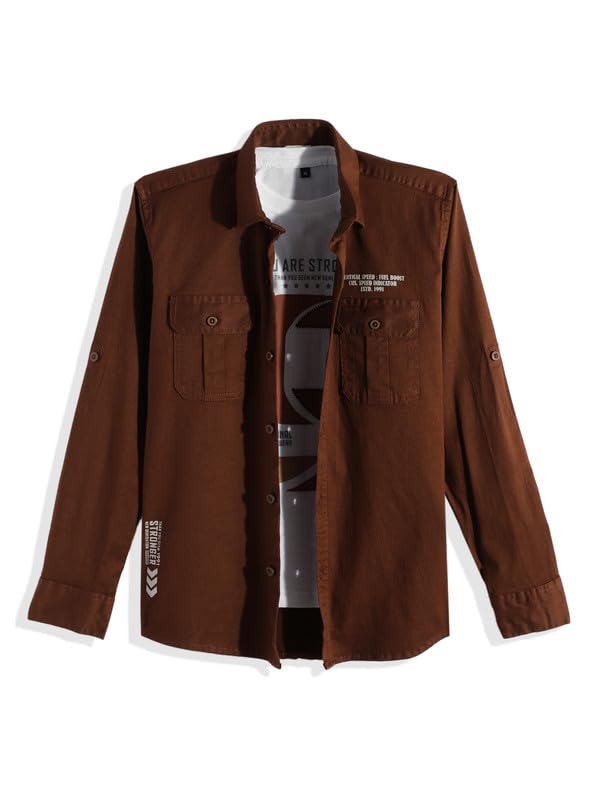 CHARCHIT Boys Full Sleeves Printed Casual Shirt & T-Shirt Brown