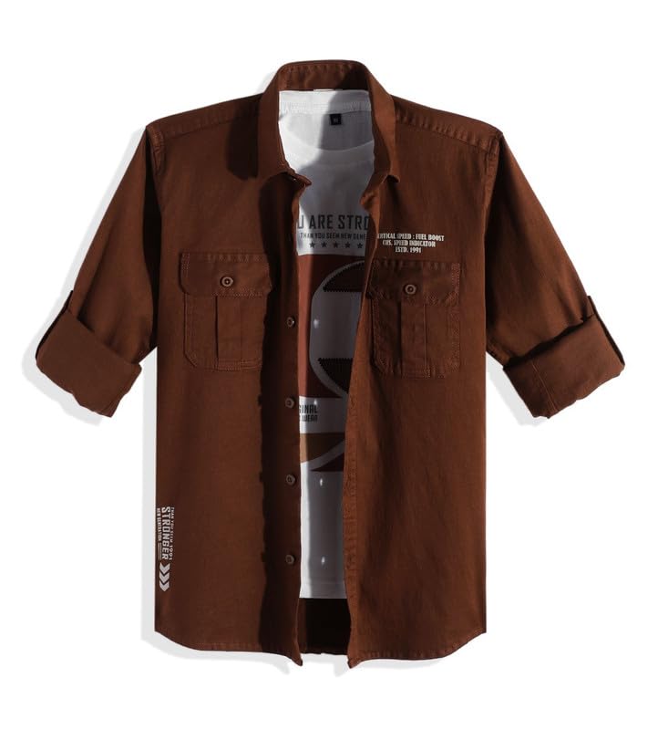 CHARCHIT Boys Full Sleeves Printed Casual Shirt & T-Shirt Brown
