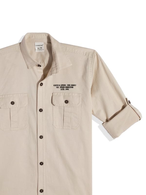 CHARCHIT Boys Full Sleeves Printed Casual Shirt & T-Shirt Cream