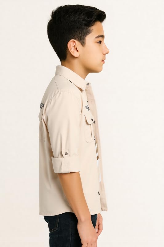 CHARCHIT Boys Full Sleeves Printed Casual Shirt & T-Shirt Cream