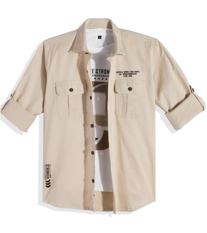 CHARCHIT Boys Full Sleeves Printed Casual Shirt & T-Shirt Cream