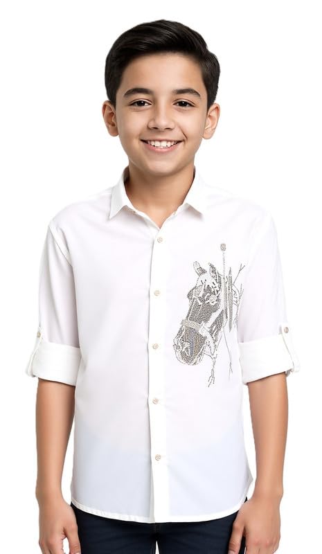 CHARCHIT Embroidered Cotton Shirt | Regular Fit Full Sleeve Shirt for Boys | White