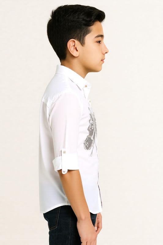 CHARCHIT Embroidered Cotton Shirt | Regular Fit Full Sleeve Shirt for Boys | White