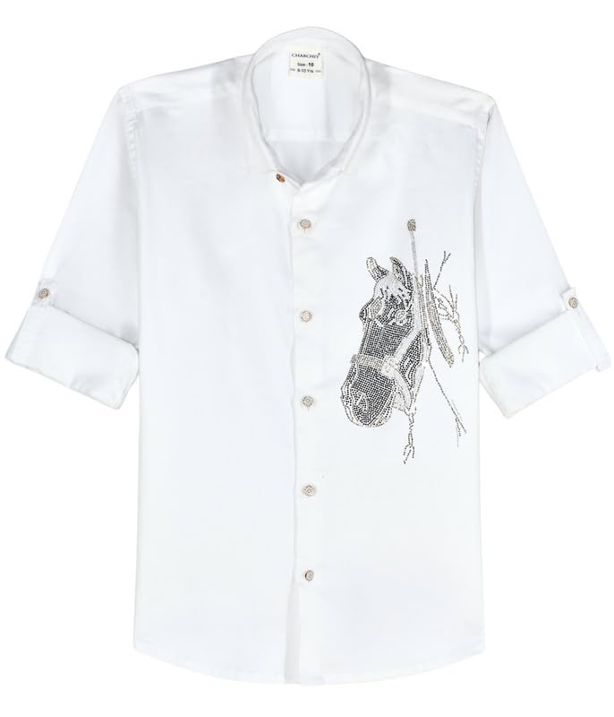 CHARCHIT Embroidered Cotton Shirt | Regular Fit Full Sleeve Shirt for Boys | White
