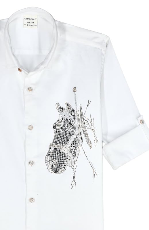 CHARCHIT Embroidered Cotton Shirt | Regular Fit Full Sleeve Shirt for Boys | White