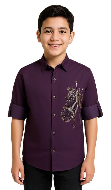 CHARCHIT Boys Full Sleeves Embellished Solid Shirt Maroon