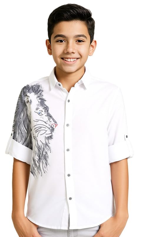 White boys' cotton shirt by Charchit with full sleeves, spread collar, and lion print, designed for a regular fit.