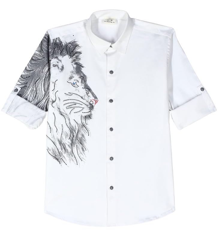 Charchit boys cotton white shirt with lion print, regular fit, spread collar, full sleeves, suitable for casual wear.