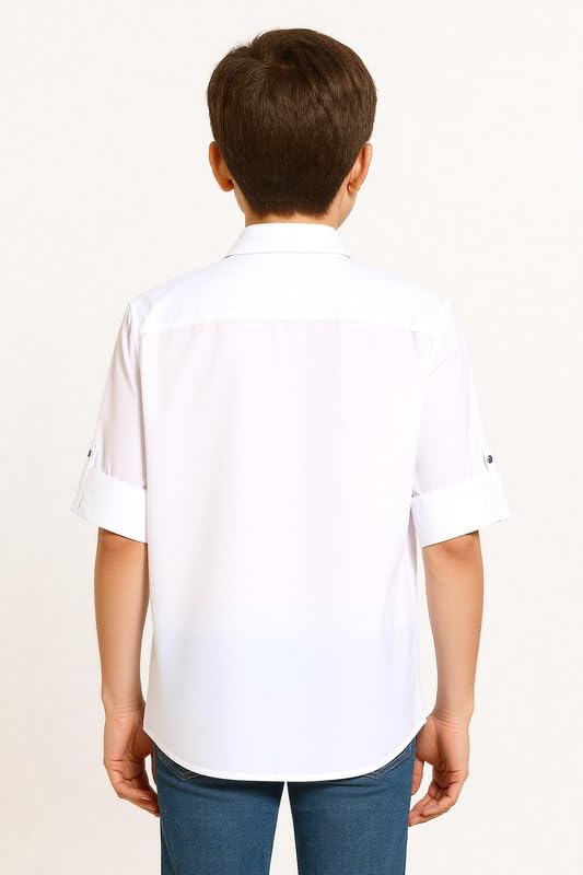 White cotton boys' shirt by Charchit with lion print, regular fit, spread collar, and full sleeves, suitable for casual wear.