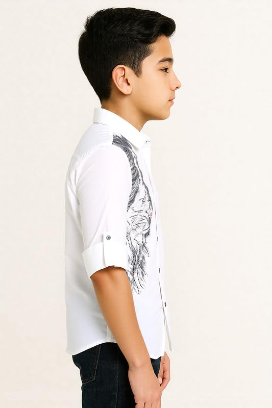 Charchit boys white cotton shirt with lion print, full sleeves, spread collar, regular fit, perfect for casual wear.