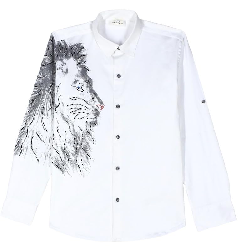White boys cotton shirt by Charchit with lion print, regular fit, spread collar, and full sleeves, suitable for casual wear.