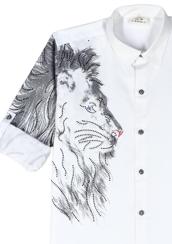White boys' cotton shirt by Charchit with lion print, regular fit, spread collar, full sleeves, suitable for casual wear.