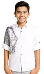 CHARCHIT Boys Cotton Regular Fit Spread Collar Full Sleeves Lion Printed Shirt White