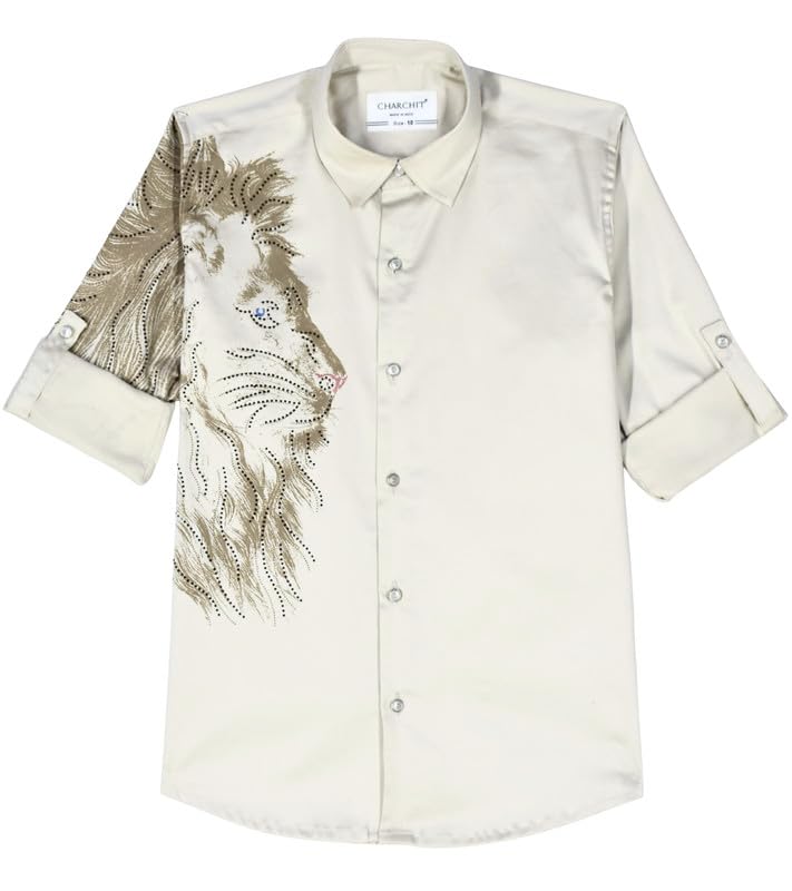 CHARCHIT Boys Cotton Regular Fit Spread Collar Full Sleeves Lion Printed Shirt Fawn