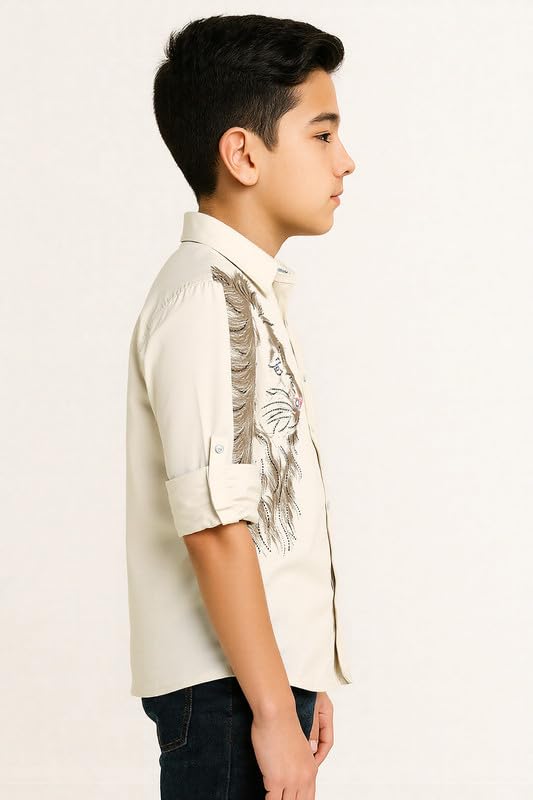 CHARCHIT Boys Cotton Regular Fit Spread Collar Full Sleeves Lion Printed Shirt Fawn