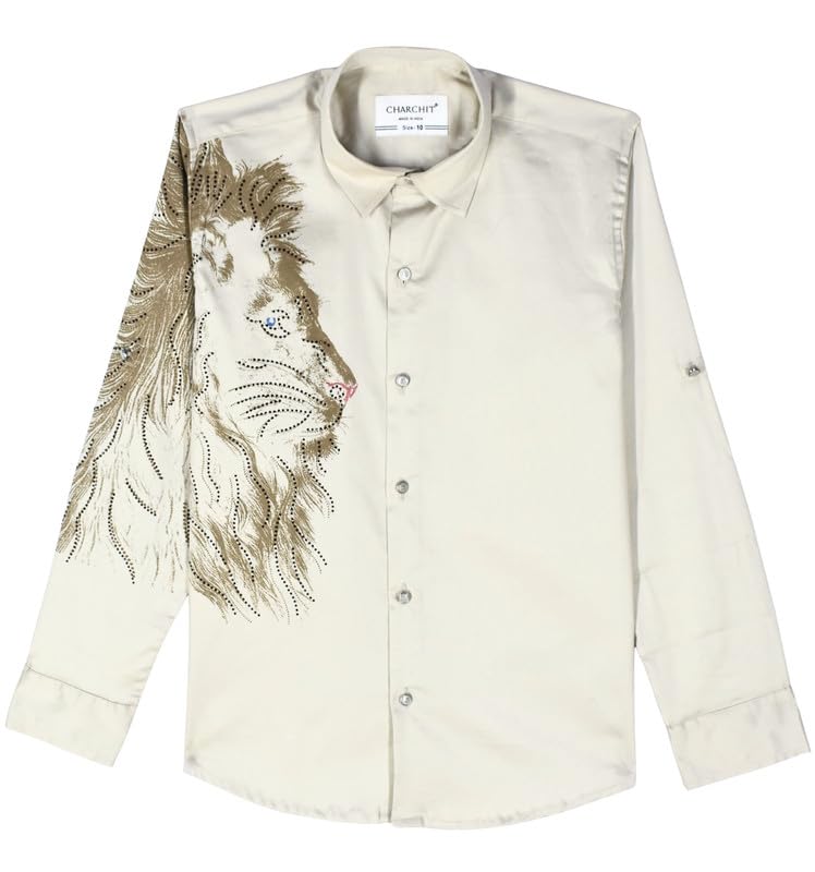 CHARCHIT Boys Cotton Regular Fit Spread Collar Full Sleeves Lion Printed Shirt Fawn