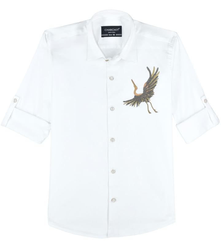 CHARCHIT Boys Full Sleeves Embellished Solid Shirt White