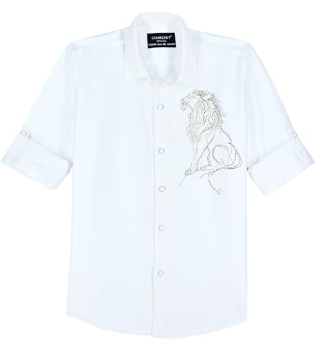 Blue boys' full sleeves embellished solid shirt by Charchit, featuring decorative details and a classic collar.