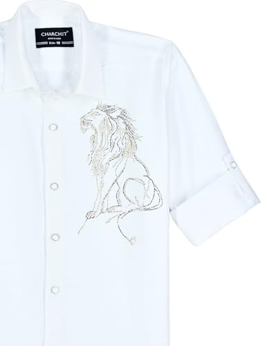 Blue boys' full sleeve embellished solid shirt by Charchit, featuring decorative details and a classic fit.