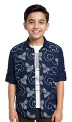 Boys Full Sleeves Embellished Solid Shirt and T-Shirt Navy
