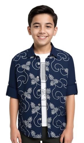 Boys Full Sleeves Embellished Solid Shirt and T-Shirt Navy