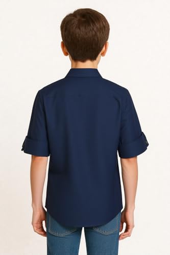 Boys Full Sleeves Embellished Solid Shirt and T-Shirt Navy